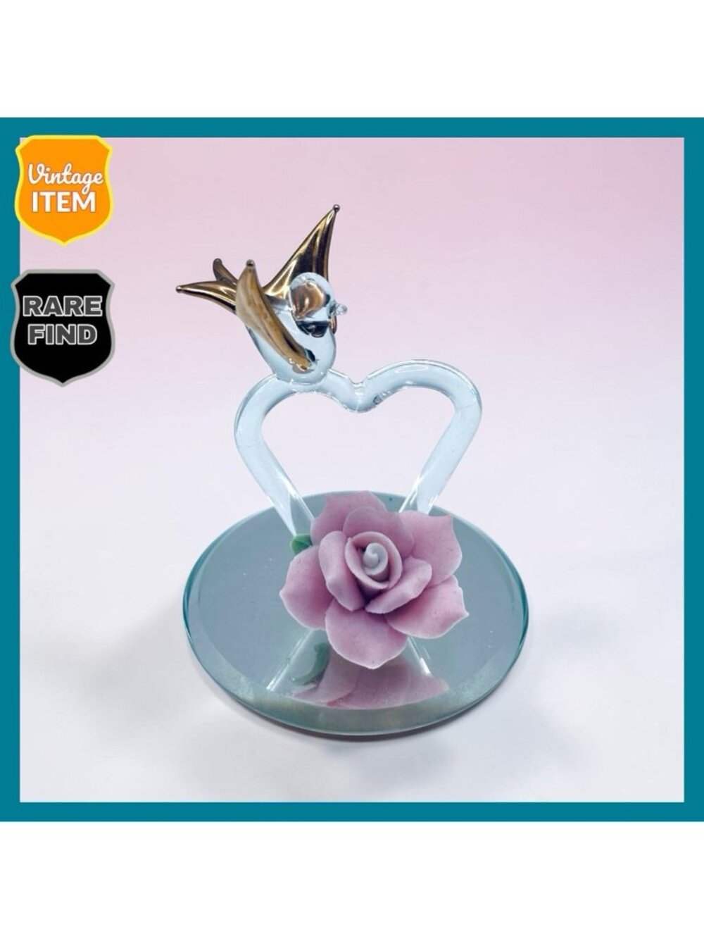 Vintage Glass Baron Bird Figurine, Crystal Heart, & Flower on Round Mirror Base.